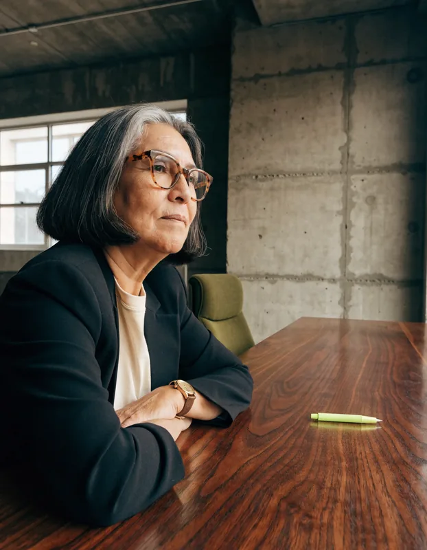 Sofía, directora, mira el tablero en la sala de juntas